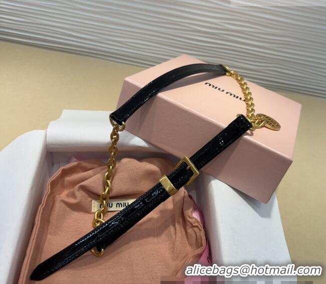 Best Quality Miu Miu Logo Charm Chain Leather Belt 1.5cm 0317 Black 2025