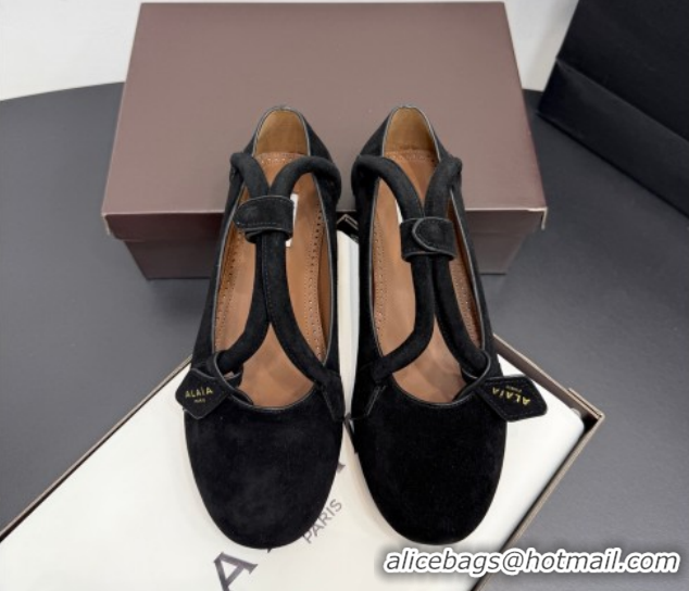 Best Product Alaia Architectura Ballet Flats in Suede with Strap Black 2025 AL020701