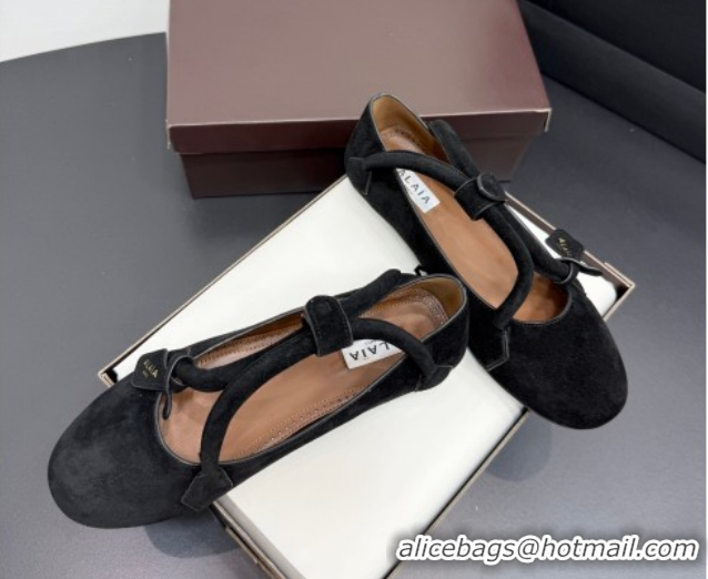 Best Product Alaia Architectura Ballet Flats in Suede with Strap Black 2025 AL020701