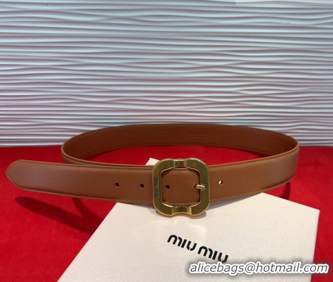 Best Quality Miu Miu Supple Calfskin Belt 3.4cm with Gold-Tone Square Buckle 2012025 Brown 2025