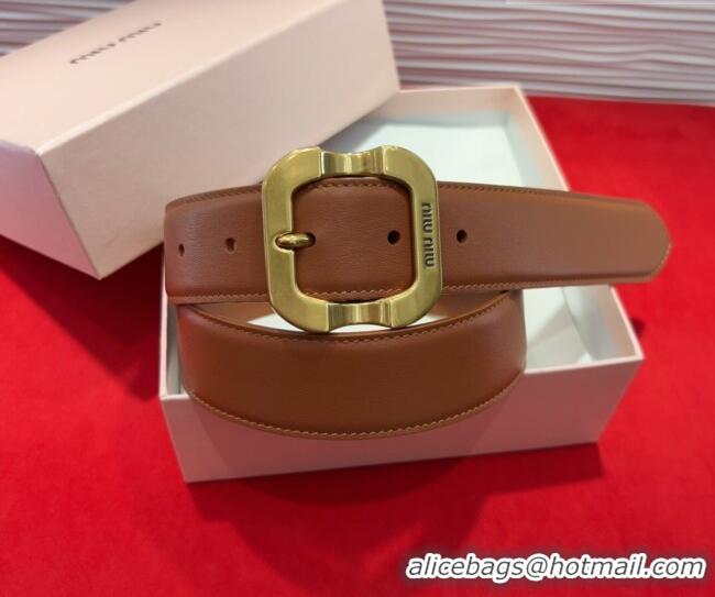 Best Quality Miu Miu Supple Calfskin Belt 3.4cm with Gold-Tone Square Buckle 2012025 Brown 2025