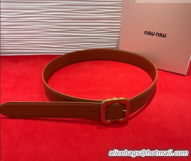 Best Quality Miu Miu Supple Calfskin Belt 3.4cm with Gold-Tone Square Buckle 2012025 Brown 2025