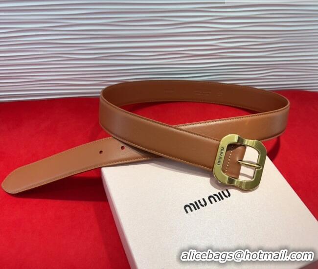 Best Quality Miu Miu Supple Calfskin Belt 3.4cm with Gold-Tone Square Buckle 2012025 Brown 2025