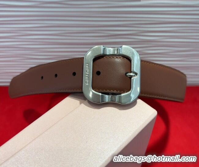 Top Quality Miu Miu Supple Calfskin Belt 3.4cm with Silver-Tone Square Buckle 2012025 Dark Brown 2025