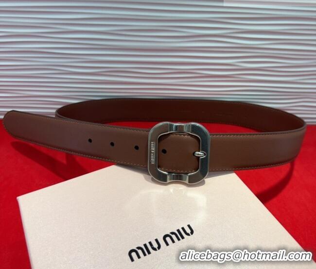 Top Quality Miu Miu Supple Calfskin Belt 3.4cm with Silver-Tone Square Buckle 2012025 Dark Brown 2025