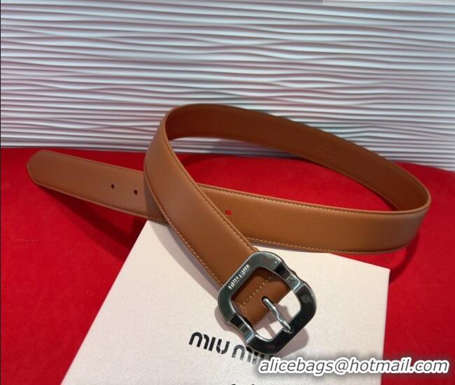 Top Quality Miu Miu Supple Calfskin Belt 3.4cm with Silver-Tone Square Buckle 2012025 Dark Brown 2025