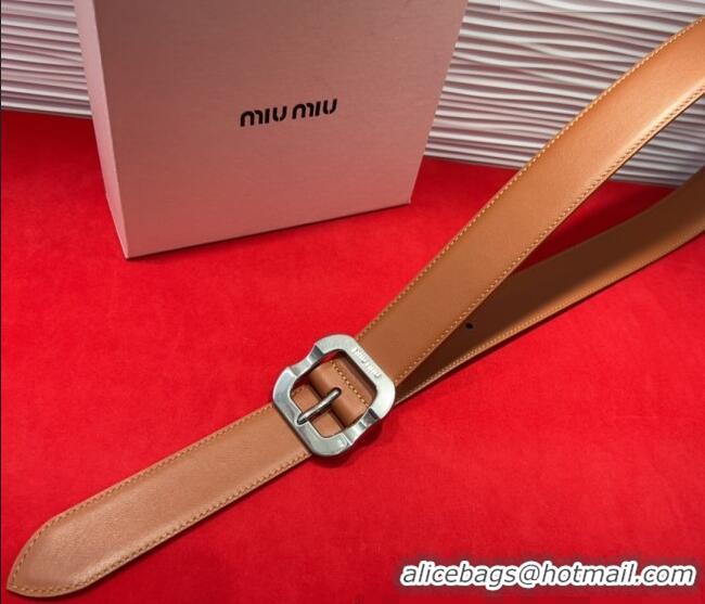 Top Quality Miu Miu Supple Calfskin Belt 3.4cm with Silver-Tone Square Buckle 2012025 Dark Brown 2025