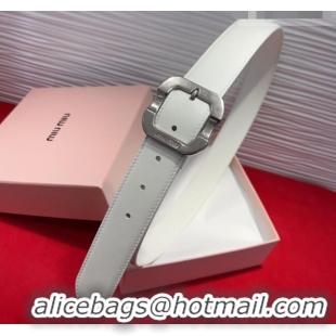 Well Crafted Miu Miu Supple Calfskin Belt 3.4cm with Silver-Tone Square Buckle 2012025 White 2025