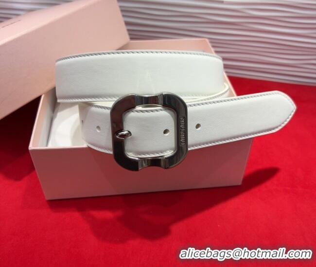 Well Crafted Miu Miu Supple Calfskin Belt 3.4cm with Silver-Tone Square Buckle 2012025 White 2025