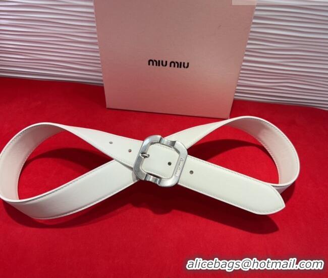 Well Crafted Miu Miu Supple Calfskin Belt 3.4cm with Silver-Tone Square Buckle 2012025 White 2025