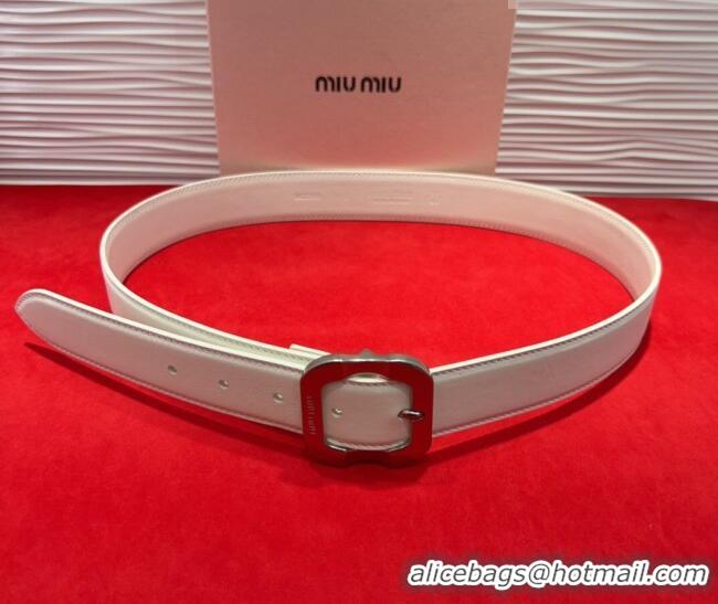 Well Crafted Miu Miu Supple Calfskin Belt 3.4cm with Silver-Tone Square Buckle 2012025 White 2025