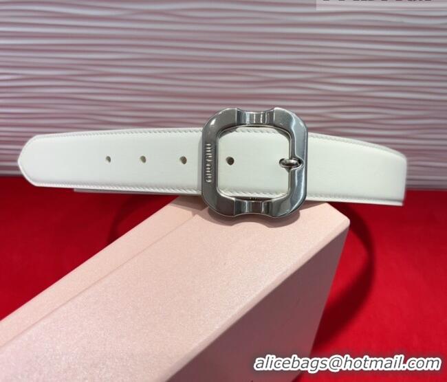 Well Crafted Miu Miu Supple Calfskin Belt 3.4cm with Silver-Tone Square Buckle 2012025 White 2025