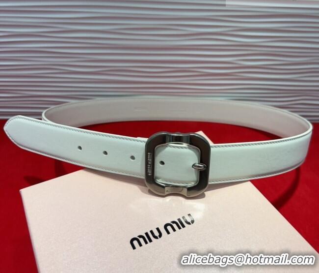 Well Crafted Miu Miu Supple Calfskin Belt 3.4cm with Silver-Tone Square Buckle 2012025 White 2025