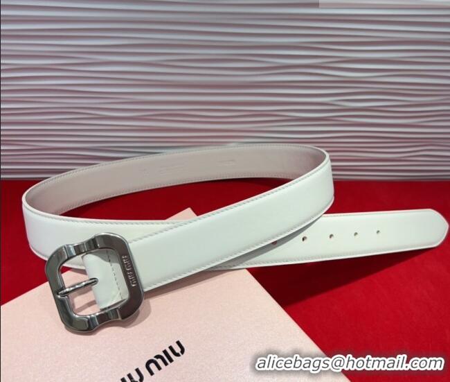 Well Crafted Miu Miu Supple Calfskin Belt 3.4cm with Silver-Tone Square Buckle 2012025 White 2025