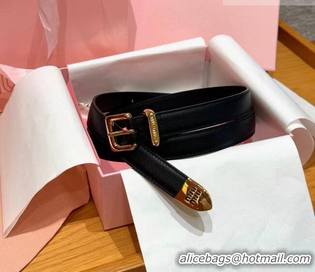 Famous Brand Miu Miu Women's Leather Belt 2cm 0617 Black/Gold 2025