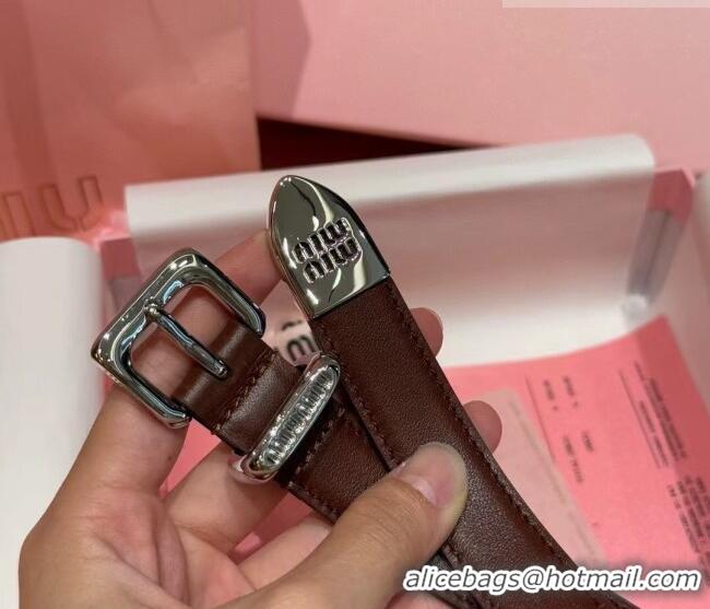 Luxury Cheap Miu Miu Women's Leather Belt 2cm 0617 Brown/Silver 2025