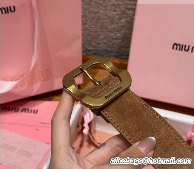 Top Design Miu Miu Belt 3.5cm in Suede and Calfskin Leather MM26010401 Light Brown/Gold 2025
