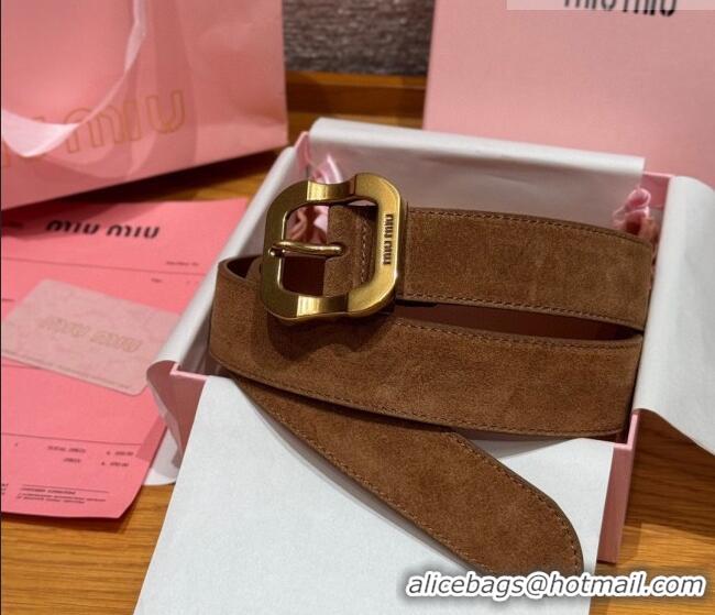 Top Design Miu Miu Belt 3.5cm in Suede and Calfskin Leather MM26010401 Light Brown/Gold 2025