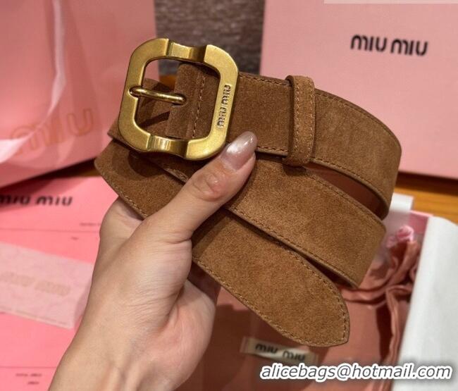 Top Design Miu Miu Belt 3.5cm in Suede and Calfskin Leather MM26010401 Light Brown/Gold 2025