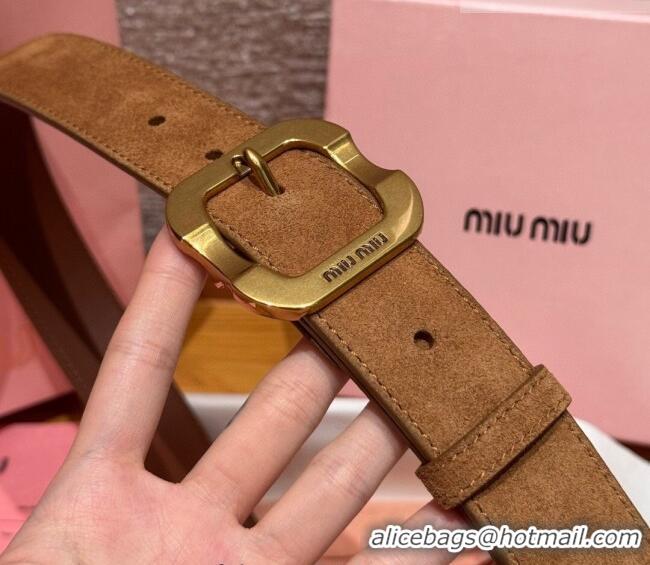Top Design Miu Miu Belt 3.5cm in Suede and Calfskin Leather MM26010401 Light Brown/Gold 2025