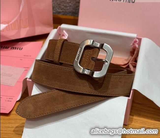 New Cheap Miu Miu Belt 3.5cm in Suede and Calfskin Leather MM26010401 Light Brown/Silver 2025