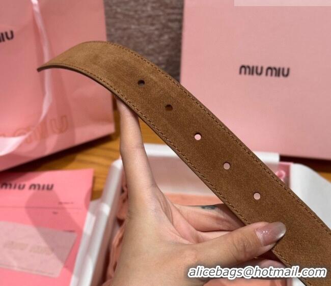 New Cheap Miu Miu Belt 3.5cm in Suede and Calfskin Leather MM26010401 Light Brown/Silver 2025