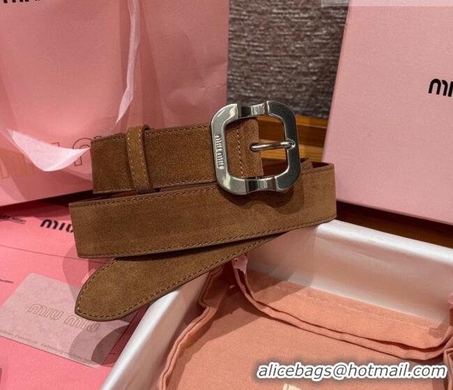 New Cheap Miu Miu Belt 3.5cm in Suede and Calfskin Leather MM26010401 Light Brown/Silver 2025