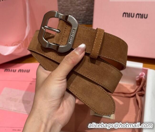 New Cheap Miu Miu Belt 3.5cm in Suede and Calfskin Leather MM26010401 Light Brown/Silver 2025