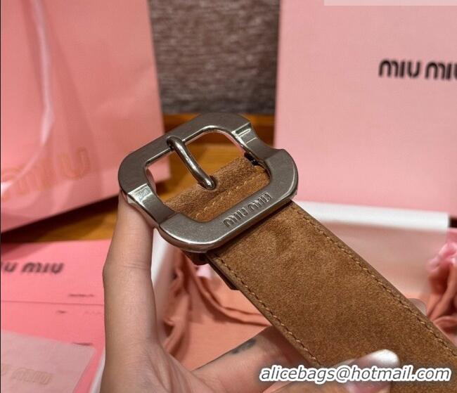 New Cheap Miu Miu Belt 3.5cm in Suede and Calfskin Leather MM26010401 Light Brown/Silver 2025