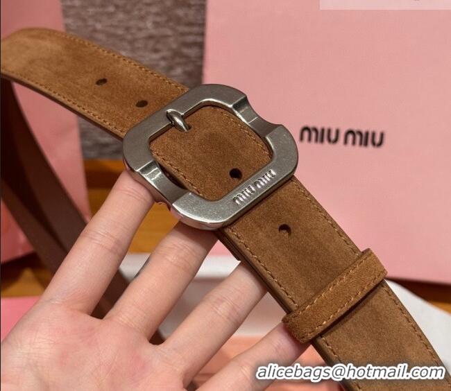 New Cheap Miu Miu Belt 3.5cm in Suede and Calfskin Leather MM26010401 Light Brown/Silver 2025
