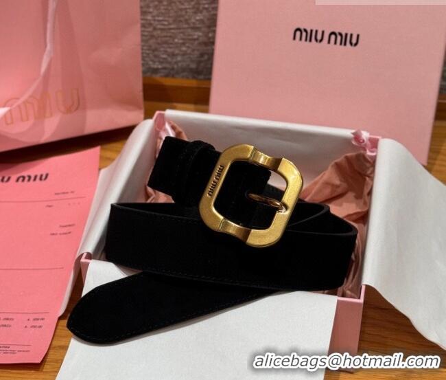 Low Price Miu Miu Belt 3.5cm in Suede and Calfskin Leather MM26010401 Black/Gold 2025