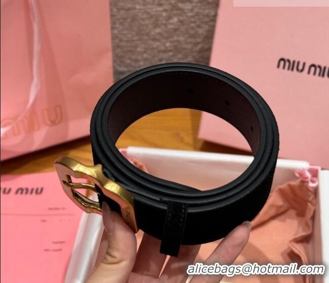 Low Price Miu Miu Belt 3.5cm in Suede and Calfskin Leather MM26010401 Black/Gold 2025