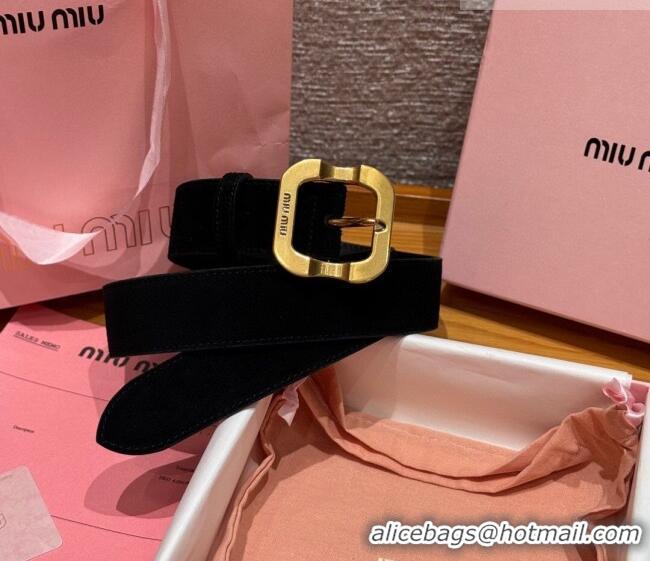 Low Price Miu Miu Belt 3.5cm in Suede and Calfskin Leather MM26010401 Black/Gold 2025