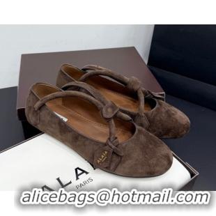 Shop Duplicate Alaia Architectura Ballet Flats in Suede with Strap Dark Brown 2025 AL020701