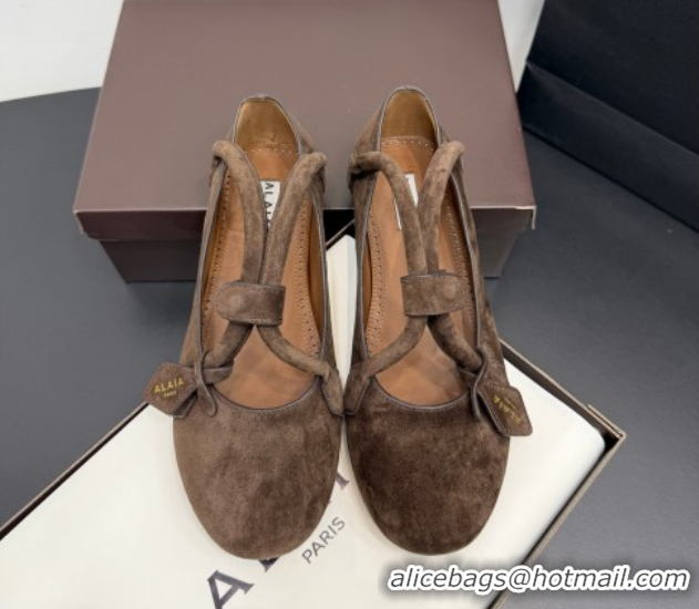 Shop Duplicate Alaia Architectura Ballet Flats in Suede with Strap Dark Brown 2025 AL020701