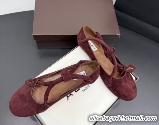 Modern Alaia Architectura Ballet Flats in Suede with Strap Burgundy 2025 AL020701