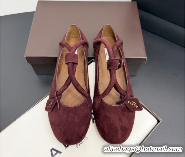 Modern Alaia Architectura Ballet Flats in Suede with Strap Burgundy 2025 AL020701