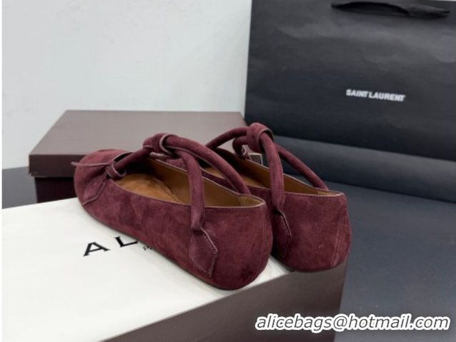 Modern Alaia Architectura Ballet Flats in Suede with Strap Burgundy 2025 AL020701