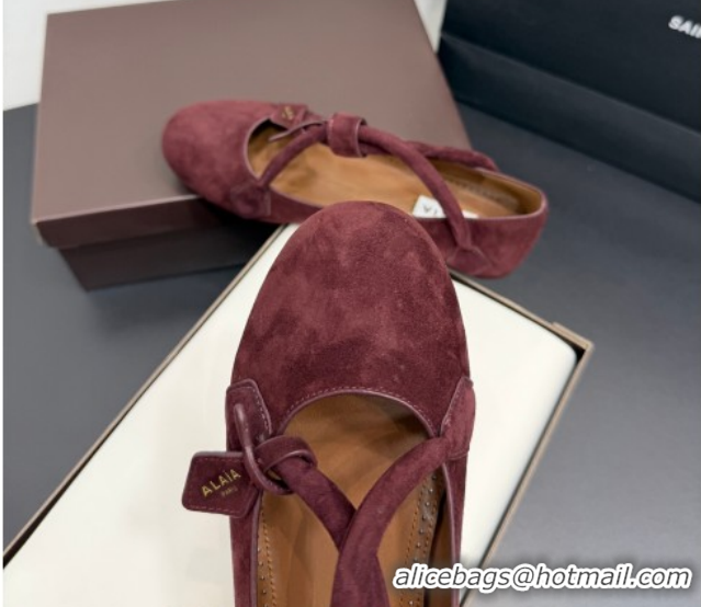 Modern Alaia Architectura Ballet Flats in Suede with Strap Burgundy 2025 AL020701