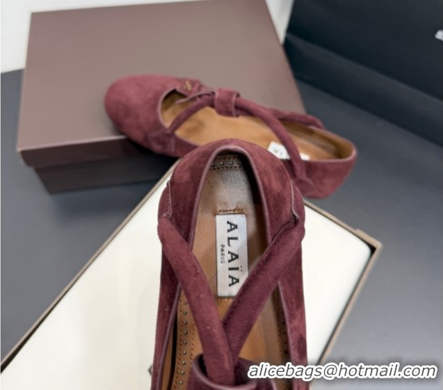 Modern Alaia Architectura Ballet Flats in Suede with Strap Burgundy 2025 AL020701