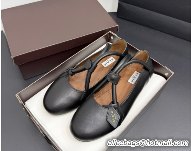 Buy Luxury Alaia Architectura Ballet Flats in Leather with Strap Black 2025 AL020701