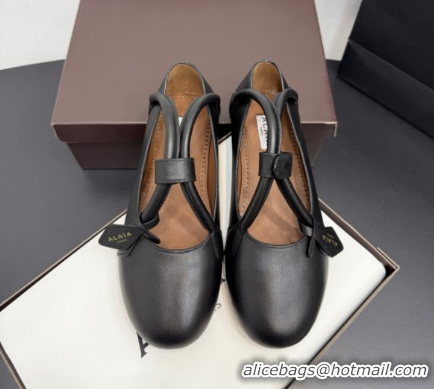Buy Luxury Alaia Architectura Ballet Flats in Leather with Strap Black 2025 AL020701