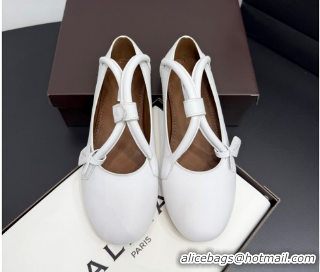 Good Product Alaia Architectura Ballet Flats in Leather with Strap White 2025 AL020701