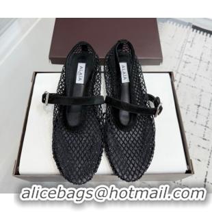 Popular Style Alaia Ballet Flats in Fishnet and Strass Black 2 2026 AL020702