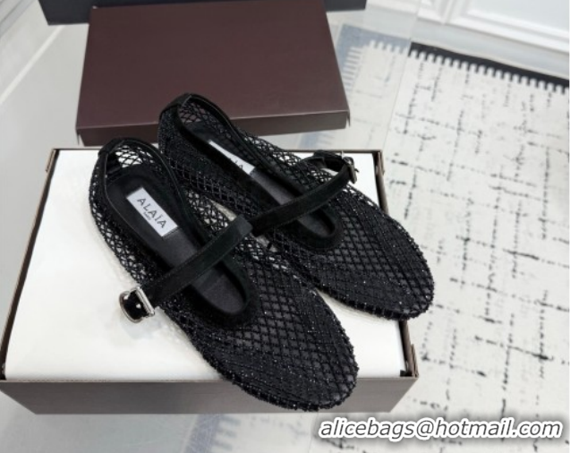 Popular Style Alaia Ballet Flats in Fishnet and Strass Black 2 2026 AL020702