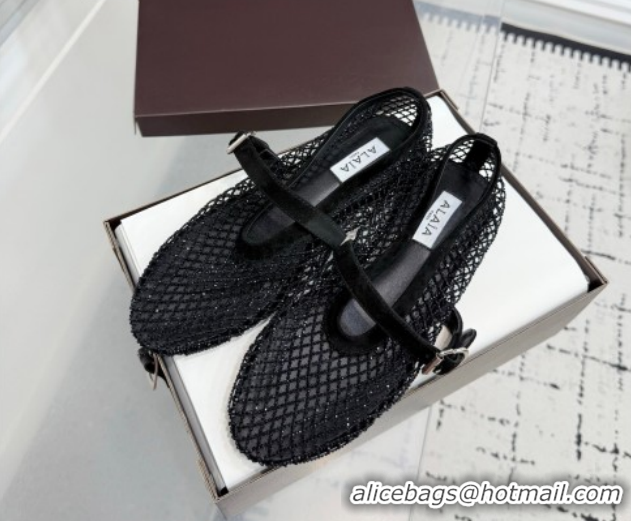 Popular Style Alaia Ballet Flats in Fishnet and Strass Black 2 2026 AL020702