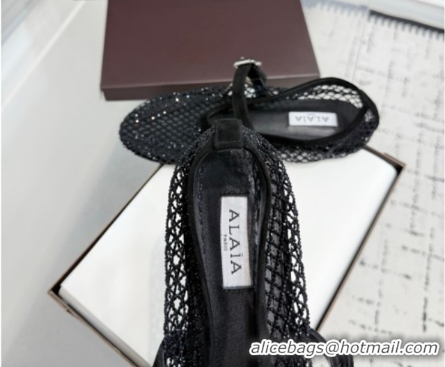 Popular Style Alaia Ballet Flats in Fishnet and Strass Black 2 2026 AL020702