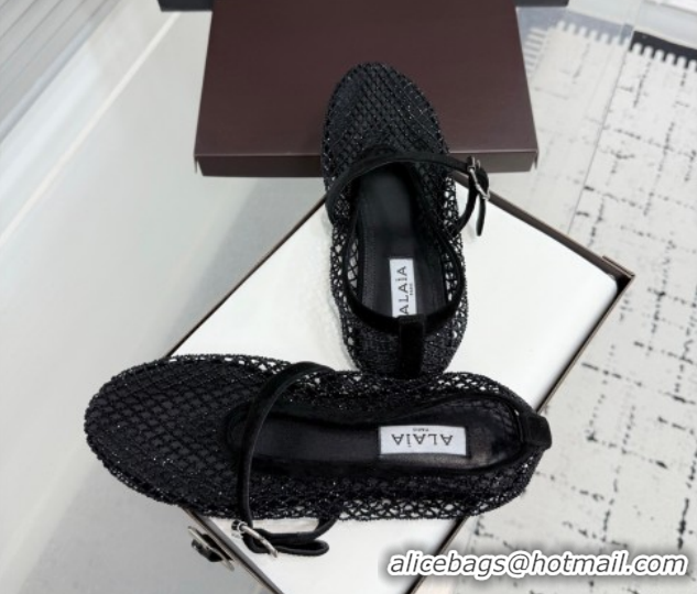 Popular Style Alaia Ballet Flats in Fishnet and Strass Black 2 2026 AL020702