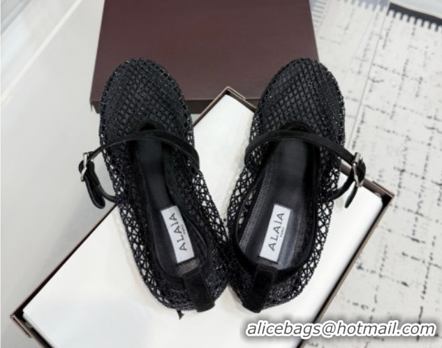 Popular Style Alaia Ballet Flats in Fishnet and Strass Black 2 2026 AL020702