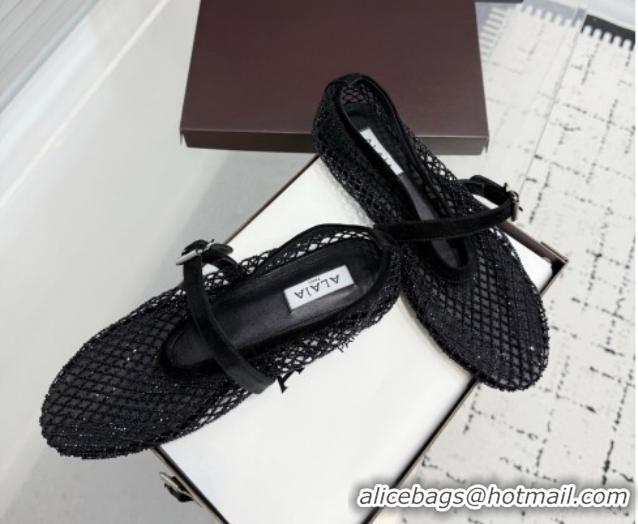 Popular Style Alaia Ballet Flats in Fishnet and Strass Black 2 2026 AL020702
